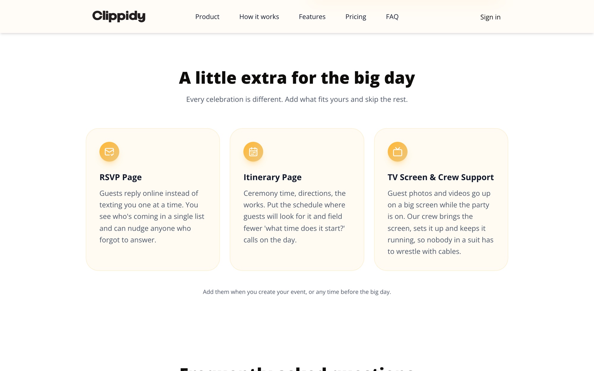 The add-ons: an RSVP page, an itinerary page, and a TV screen with crew support