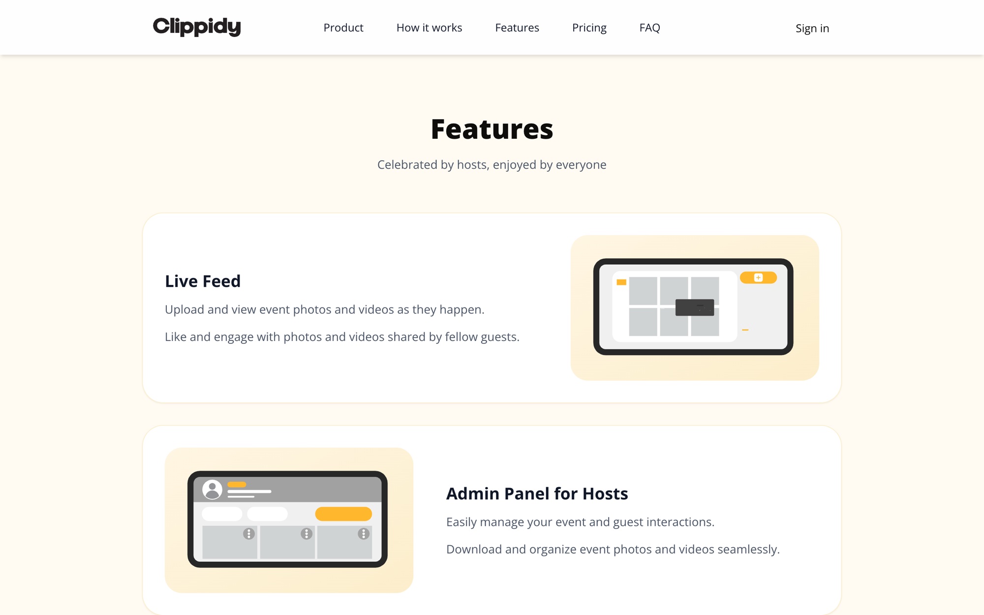 The Features section, showing the live feed and the admin panel for hosts
