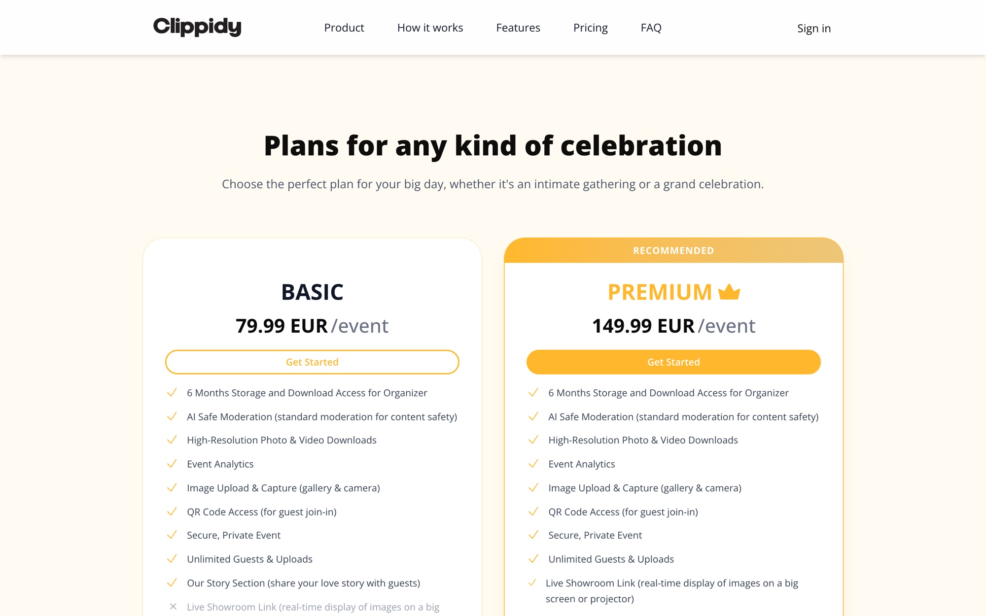 Two one-off plans, priced per event rather than as a subscription
