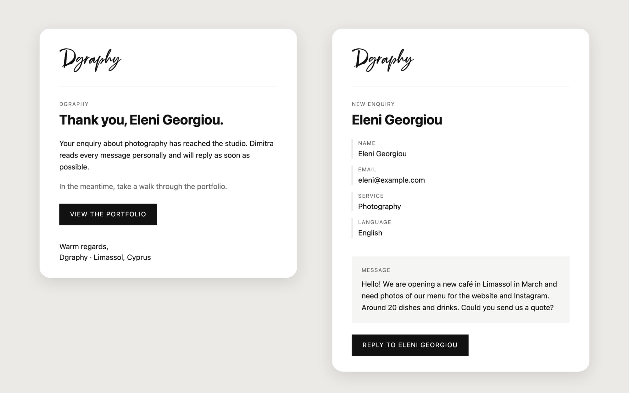 The confirmation the visitor receives and the notification the studio gets