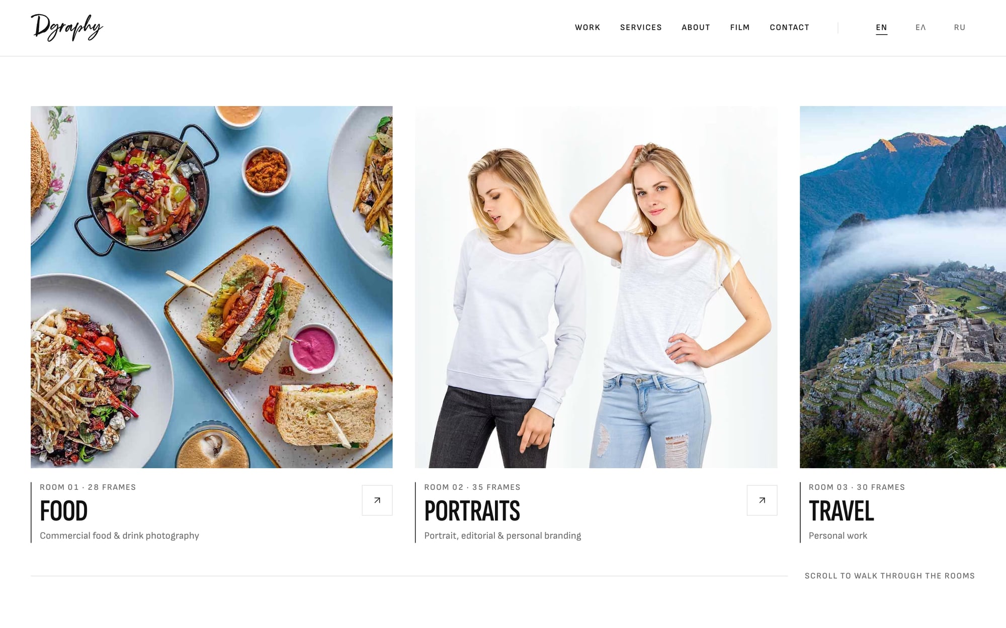 The Selected Work section, with the food, portraits and travel rooms and their labels