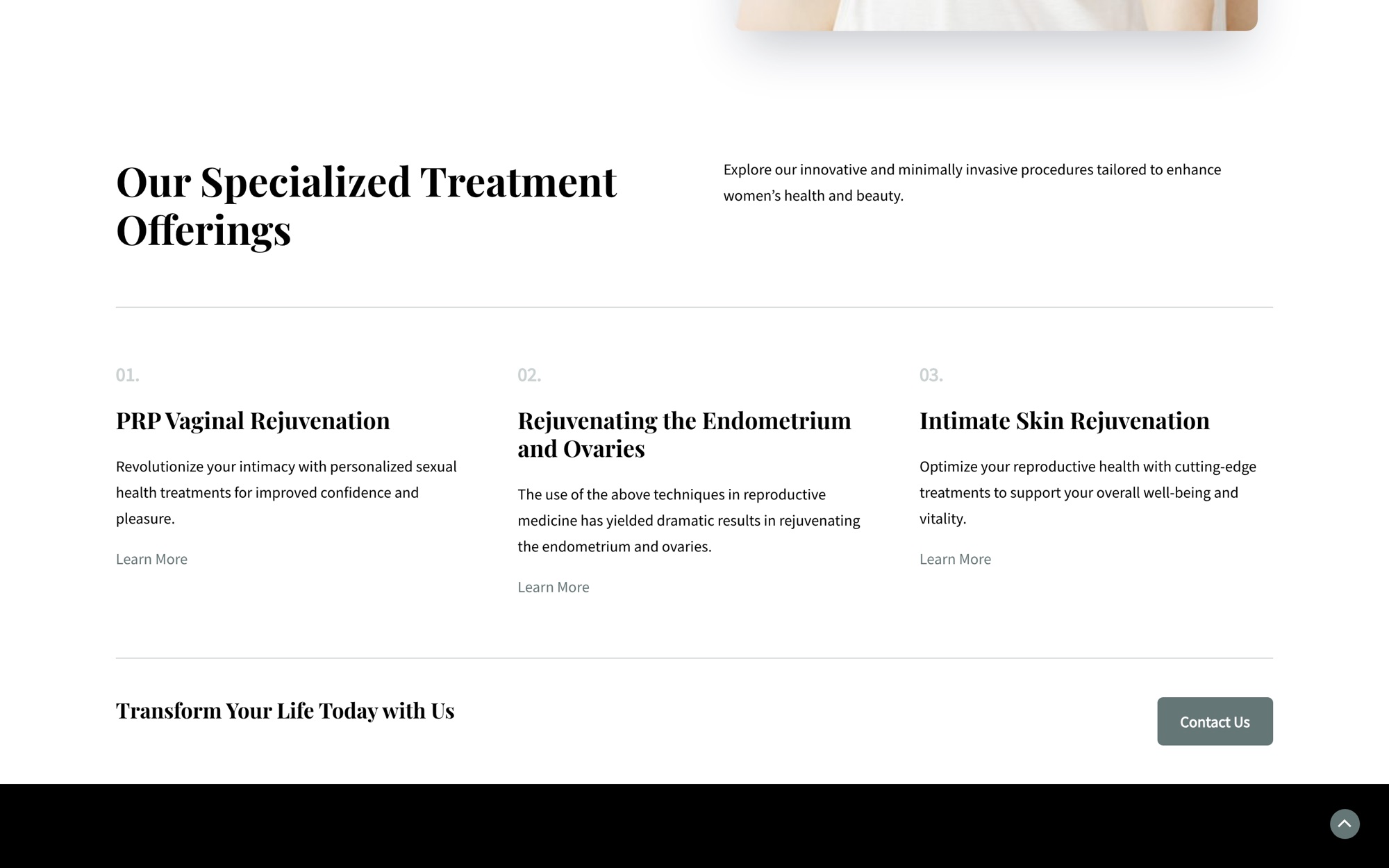 The treatments section of the homepage, with a call to action to get in touch
