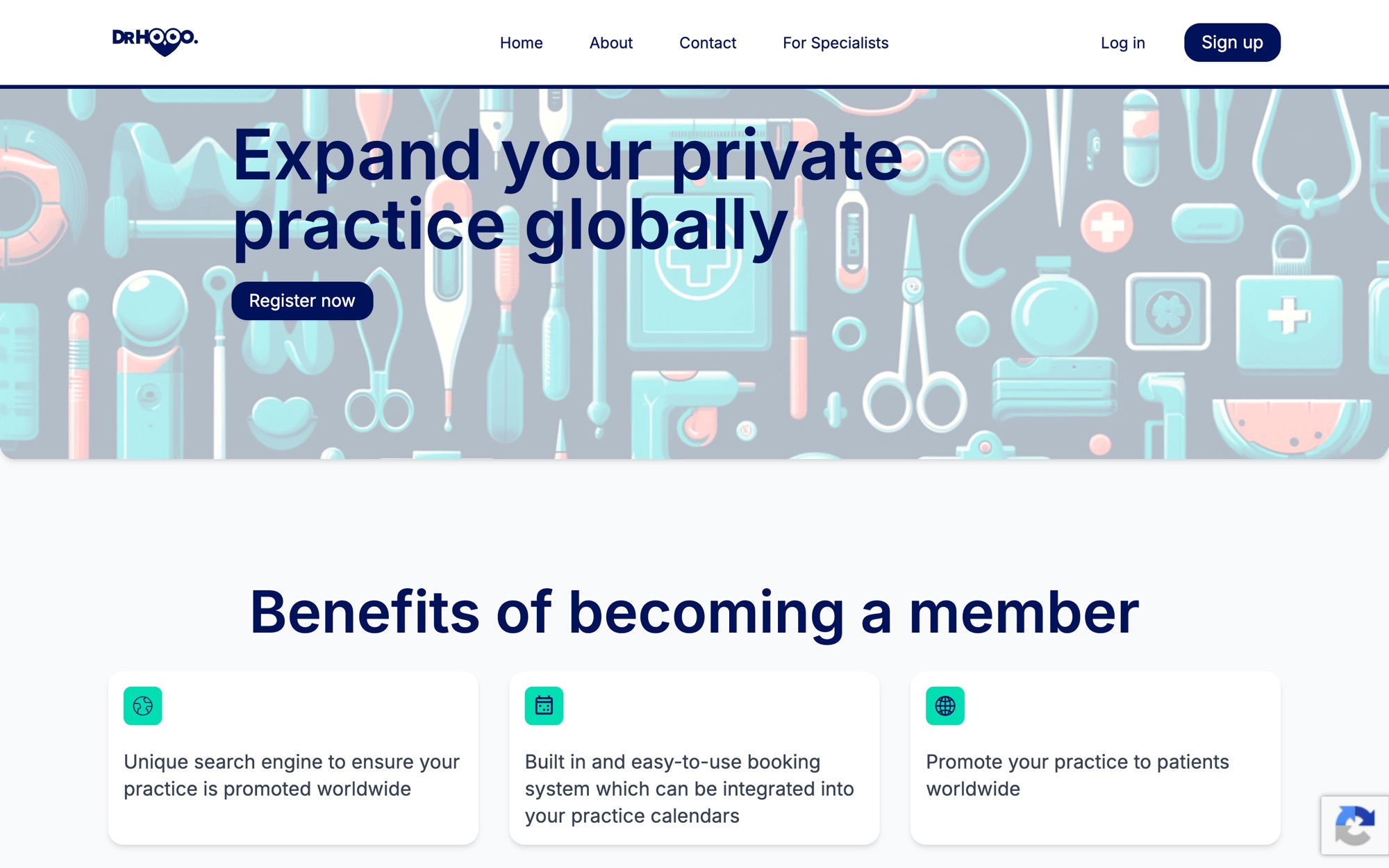 The For Specialists page, where doctors sign up to list their practice