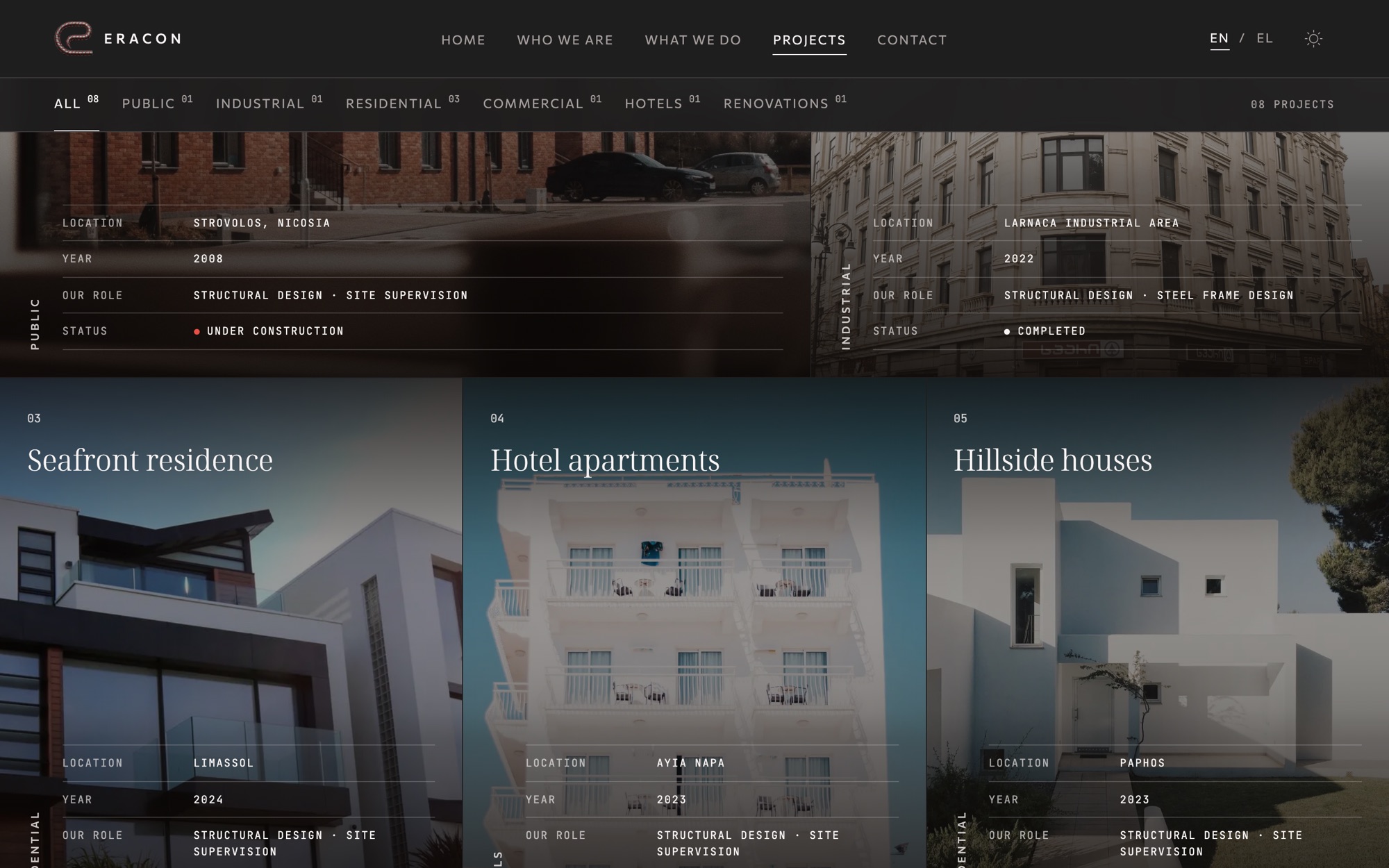 The Projects page, with sector filters and the key details of each project
