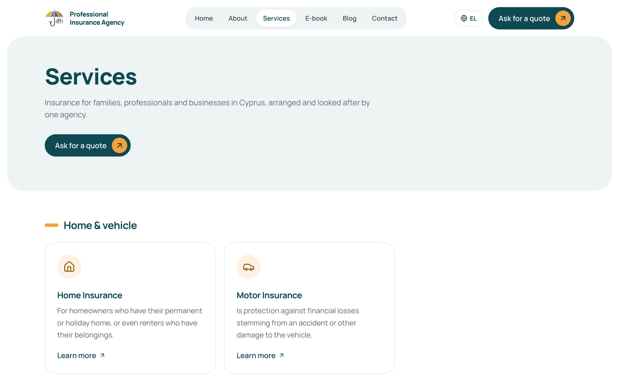 The Services page, with insurance types grouped into clear categories